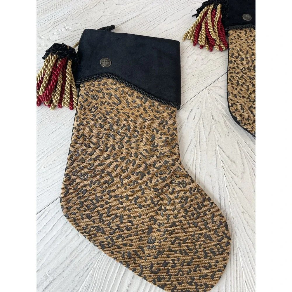 Set of 2 Lg Quality Leopard‎ Print Black Fur Trimmed Christmas Stockings Tassels